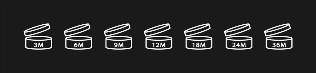 PAO Linear Icons Set. Period after opening. The shelf life of the cosmetics after opening the package in months. 3m, 6m, 12m, 18m, 24m, 36m month best before product mark. Vector illustration