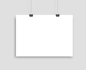 White realistic blank paper page with shadow. Empty paper sheet or blank picture canvas hanging on wall. Design poster, template or mockup on gray background. Vector illustration. EPS 10