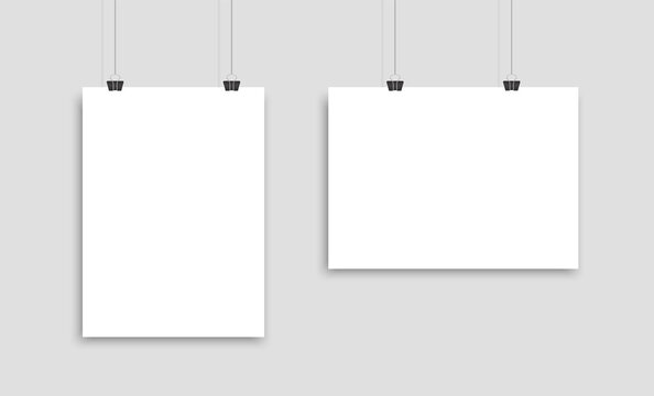 Set of two white realistic blank paper pages with shadow. Two empty paper sheets or blank pictures canvas hanging on wall. Design poster, template or mockup on gray background. Vector EPS 10