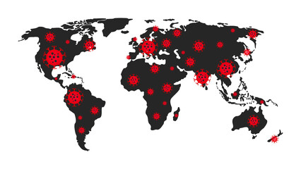 Map of the spread of the COVID-19 virus in the world. Coronavirus Covid-19 map confirmed cases report worldwide globally. Epidemic on the world map. Vector illustration. ESP -10