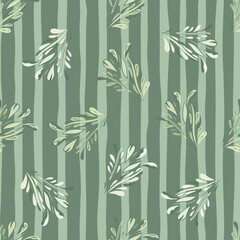 Abstract seamless nature pattern with random foliage silhouettes ornament. Green striped background.