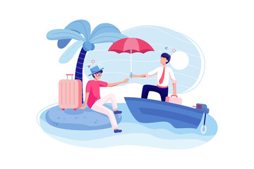 The businessman on the boat is giving the red umbrella to the tourist. 