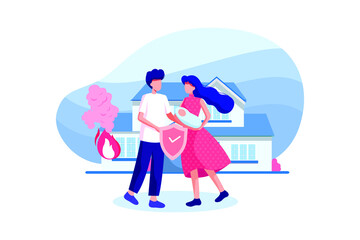 The family is safe in front of the burning house