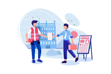 The businessman is giving health insurance to the worker in front of construction site. 