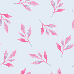 Pink leaves, foliage watercolor painting - seamless pattern on light blue background	