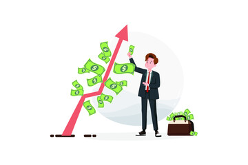 A man in a suit reaps greenbacks from a money tree