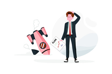 Businessman with plan and rocket crashed. Business failure, the rocket fall down.