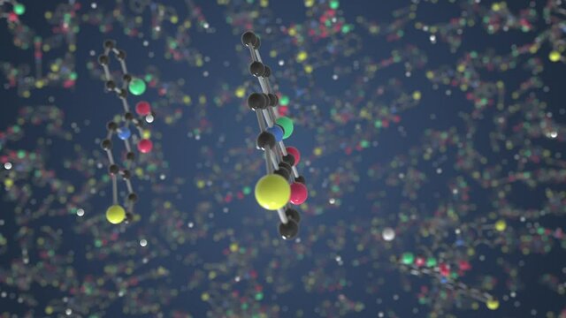 Clopidogrel molecule. Ball-and-stick molecular model. Chemistry related looping 3d animation