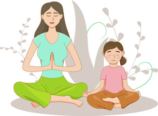 mom and kid sit cross legged in lotus pose. family yoga. concept healthy lifestyle. vector illustration