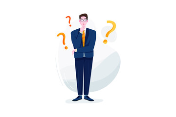 Confused businessman stands between question mark symbols