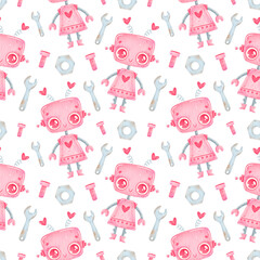 Cute cartoon pink robot girl seamless pattern