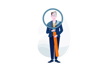 Confused businessman standing with a large magnifying glass