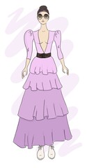 Beautiful girl in long purple dress and glasses, simple bright fashion illustration, vector