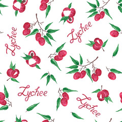 Lychee seamless pattern. Watercolor bright dark red juicy fruits on the branches, berries with leaves and an inscription isolated on a white background. For printing on fabric.