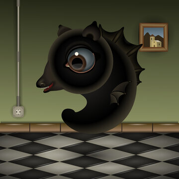A black seahorse character floating in a room. Vector illustration