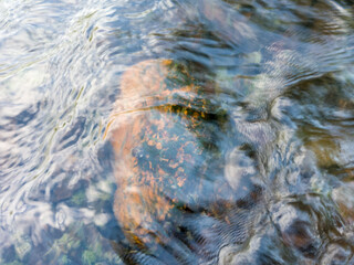 Wavy rippling water surface of rapids in stream and stones at bottom, swelled creek after rain,...