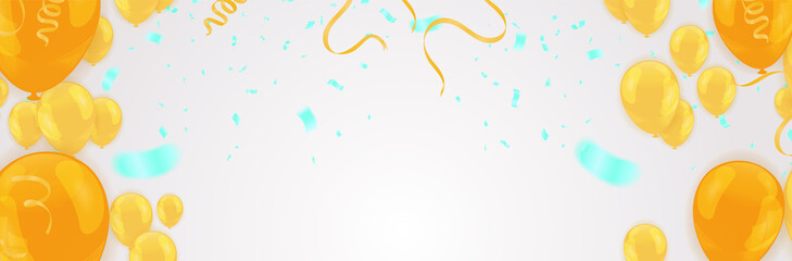 Fototapeta premium Vector party balloons gold illustration. Confetti and ribbons flag ribbons, Celebration background template