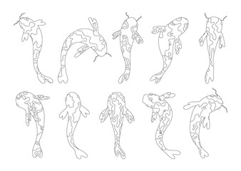 Koi carps coloring book. Coloring book antistress with fish. Vector stock illustration on isolated white background. The contour of the fish. Hobby for children and adults.