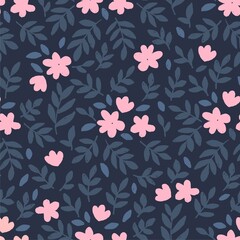 Flowers and leaves vector seamless pattern. Seamless hand draw vector pattern. Background with decorative flowers and leaves seamless. Spring and summer vector seamless pattern