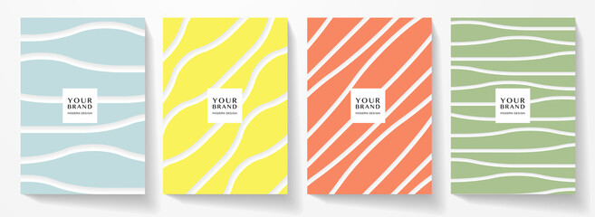 Modern cover design set. Abstract wavy line pattern (curve) in blue, yellow, red, green color. Creative stripe vector collection for business background, brochure template, vertical flyer