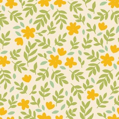 Fototapeta na wymiar Flowers and leaves vector seamless pattern. Seamless hand draw vector pattern. Background with decorative flowers and leaves seamless. Spring and summer vector seamless pattern