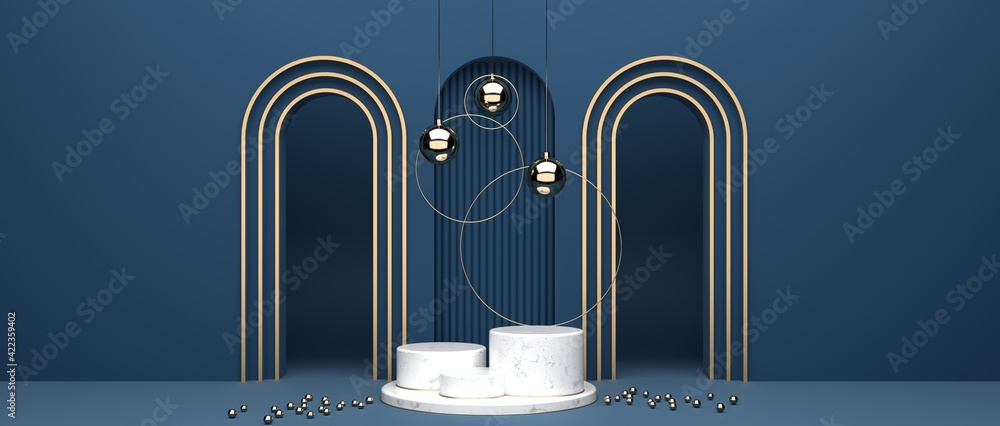 Poster geometric and circular platform marble surfaces and the oval ball gold surface. put on a blue backgr