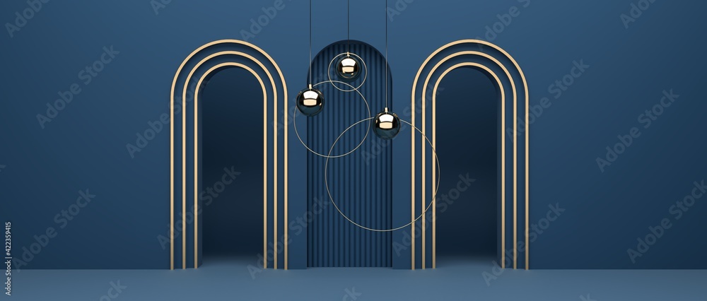 Poster abstract geometric background of blue decorations. golden ball and round minimalist mockup for podiu