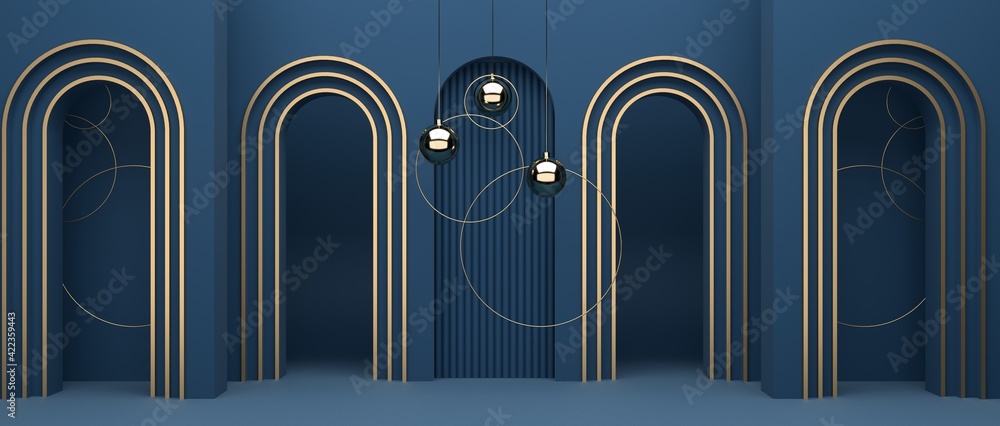 Poster abstract geometric background of blue decorations. golden ball and round minimalist mockup for podiu