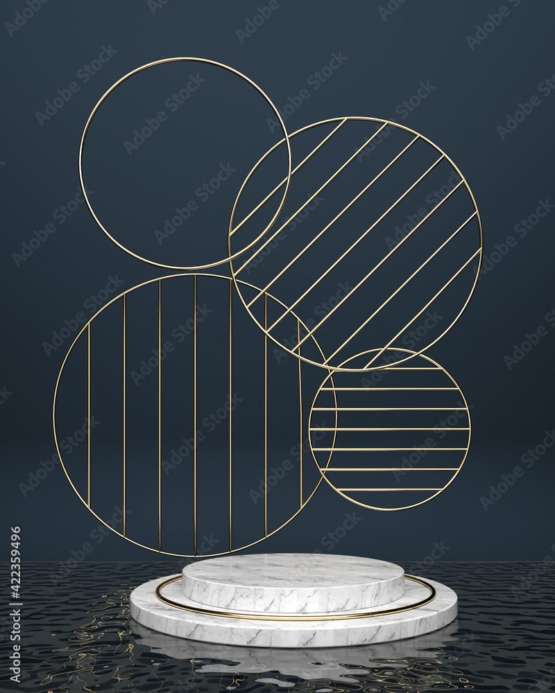 Poster Geometric circular platform. Background gold lines circles. Put on water and a blue backdrop. Mockup for podium display or showcase, 3d rendering.