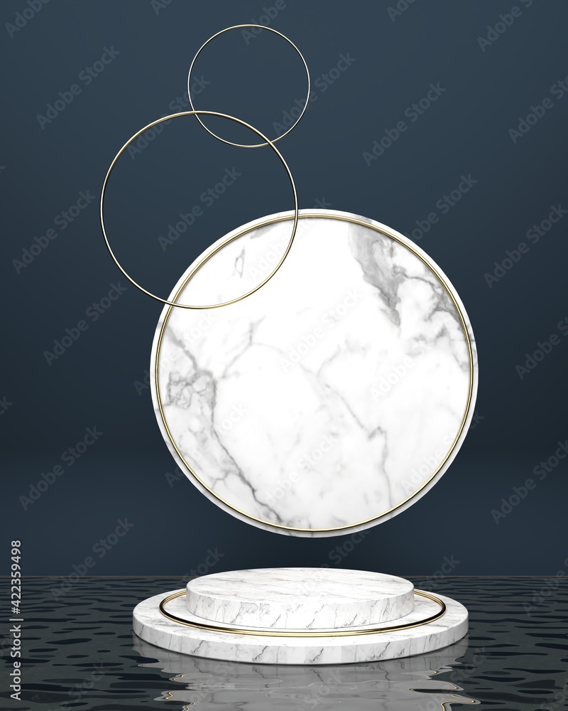 Poster geometric circular platform. background gold lines and marble circles. put on water and a blue backd