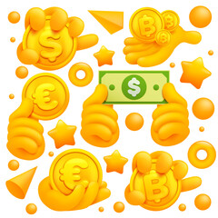 Set of yellow emoji hand icons and symbols. Dollar, euro bitcoin golden coins signs