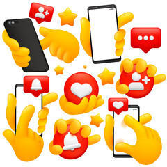 Set of yellow emoji hand icons and symbols. Smartphone, social media, swipe signs