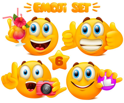 Set of yellow emoji cartoon characters with different facial expressions in glossy 3D realistic style isolated in white background. Aloha party concept