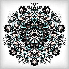 Bohemian mandala on white background with vignette effect. Art pattern. Flowers doodle. Colorful icon. Vector illustration