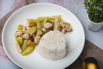 Ginisang Sayote- Sauteed Chayote with Chicken and Rice- a simple but healthy Filipino meal set (topshot)