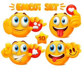 Set of yellow emoji cartoon characters with different facial expressions in glossy 3D realistic style isolated in white background. Social media network concept