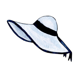 Whiti beach hat with black ribbon hand drawn watercolor clip art isolated on white background