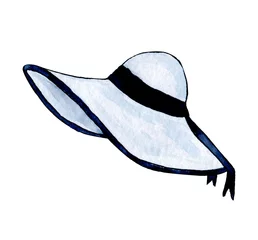 Selbstklebende Fototapeten Whiti beach hat with black ribbon hand drawn watercolor clip art isolated on white background © Анастасия Якушева