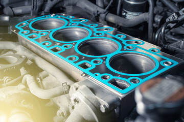 Short block with installed cylinder head gasket. Repair of a turbocharged diesel engine in a car...