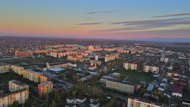 Amazing late sunset aerial view in the residential area on Uzhhorod city Zakarpattya UKRAINE