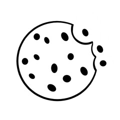 Chocolate chip cookie a bite taken. Homemade choco chip cookies with chocolate crisps isolated on white background. Bitten, broken, cookie crumbs. Illustration in doodle  style. Sweet food. Biscuit