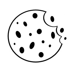 Chocolate chip cookie a bite taken. Homemade choco chip cookies with chocolate crisps isolated on white background. Bitten, broken, cookie crumbs. Illustration in doodle style. Sweet food. Biscuit