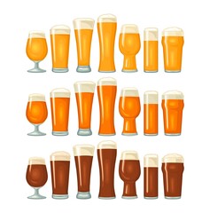 Glass with different types beer - lager, ale, stout. Vintage color flat illustration