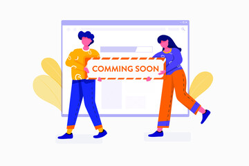 We're comming soon Illustration concept. Flat illustration isolated on white background.