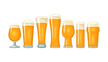 Different types beer glasses. Vector color flat icon