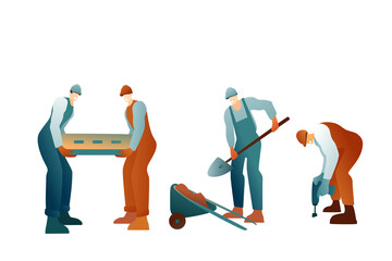 Vector illustration of builders are working on a white background. Characters in helmets, workers in uniform. A guy with a shovel, a man drills, lifting heavy loads. Modern flat design of advertising.