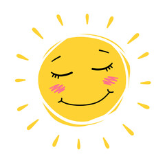 Cute sun. Element of summer and nature. Yellow warm object. Cartoon illustration. Children drawing. Heat and hot with funny face.