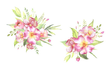 Naklejka na ściany i meble Watercolor floral illustration - leaves and branches bouquets with pink flowers and leaves for wedding stationary, greetings, wallpapers, background. Roses, green leaves. . High quality illustration
