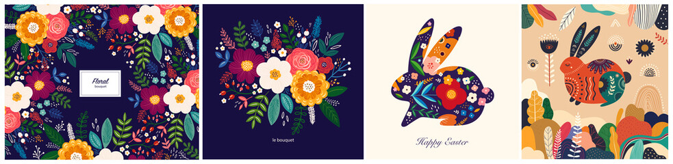 Floral spring colourful trendy background and wallpaper with decorative bunny