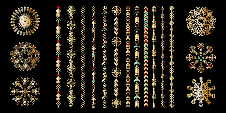 Tribal geometric gold pattern. Boho jewellery ornament. Vector design for stickers, tattoo, noteboot, bag, t-shirt.